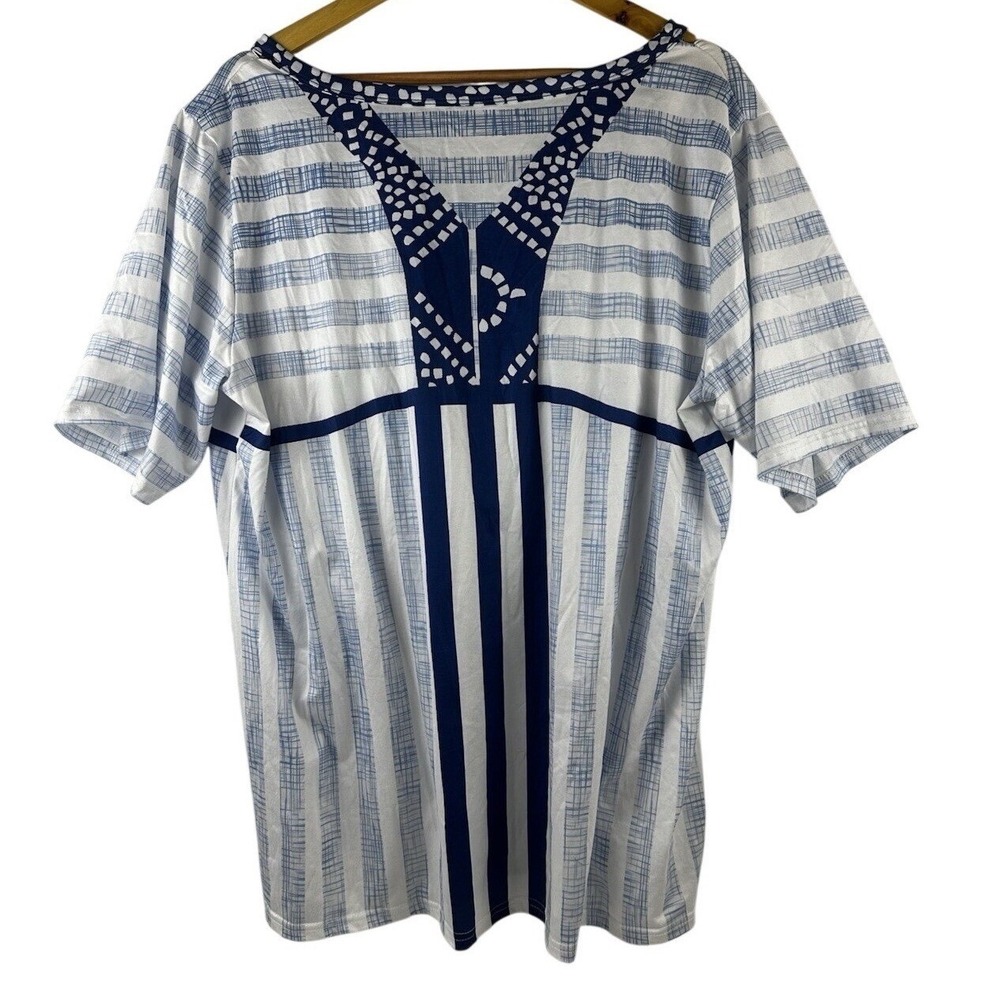 Plus Size 2X Blue White Stripe Geometric Print Tunic Top Shirt Casual